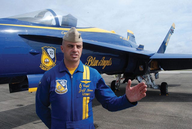 Marine Capt. Jeff Kuss talks about being a Blue Angel pilot on April 28 before flying in the Cherry Point Air Show. Kuss died in a crash during a practice flight Thursday in Tennessee.