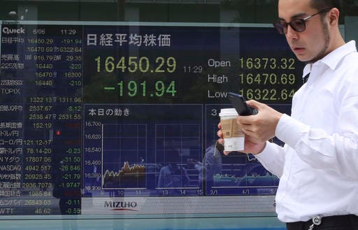 A man walks by an electronic stock board of a securities firm in Tokyo, Monday, June 6, 2016. Asian shares were mostly lower Monday as a U.S. report that showed slowing hiring was seen as making a Federal Reserve rate hike as less likely but sent the dollar lower and fanned fears about the American economy. (AP Photo/Koji Sasahara)