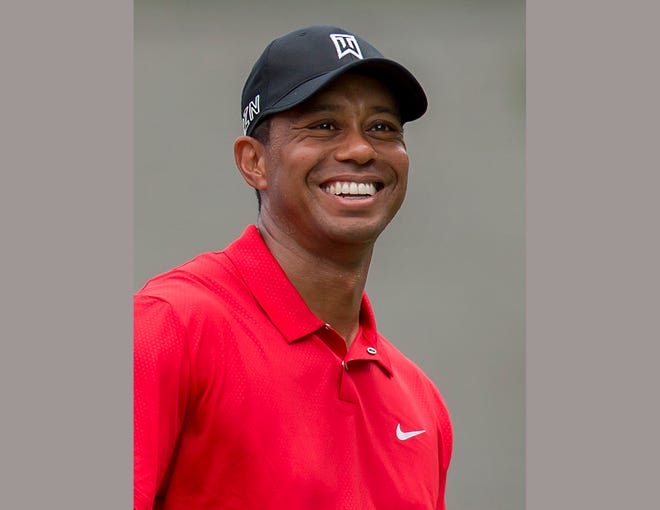 FILE - In this Aug. 23, 2015 file photo, Tiger Woods smiles at the third tee during the final round of the Wyndham Championship golf tournament in Greensboro, N.C. Woods is writing his first book since 2001 that is due out next spring. The book does not have a title, but it will be about his historic victory in the 1997 Masters. Woods is writing the book with Canadian golf writer Lorne Rubenstein. (AP Photo/Rob Brown, File)