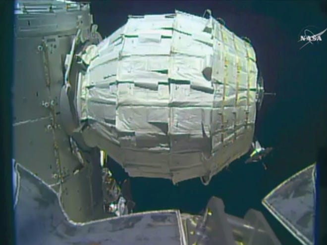 This image made from video provided by NASA shows the inflation of a new experimental room at the International Space Station on May 28, 2016.