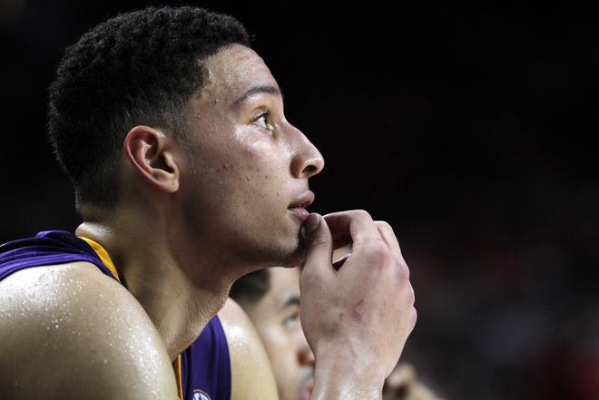 LSU forward Ben Simmons watches from the bench late in an 85-65 loss to Arkansas on Feb. 23, 2016.
