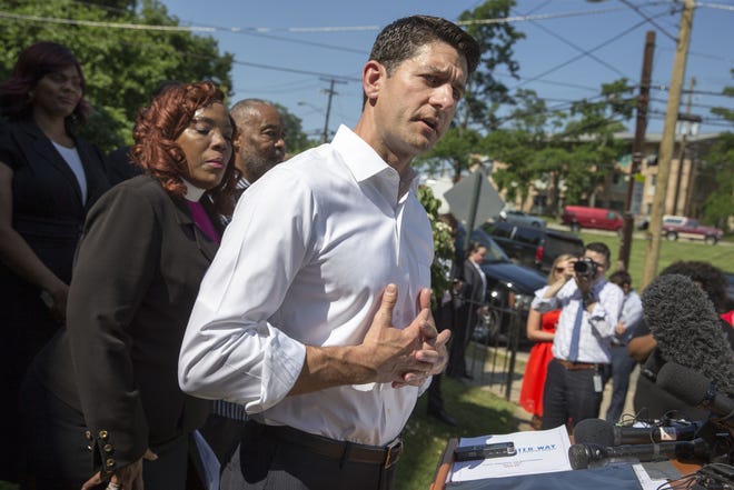 In answer to a reporter's question, House Speaker Paul Ryan of Wis. said Donald Trump's comments about an American-born judge of Mexican heritage are the "textbook definition of a racist comment," during a news conference about his agenda to relieve poverty in America, Tuesday in Washington. AP Photo/J. Scott Applewhite