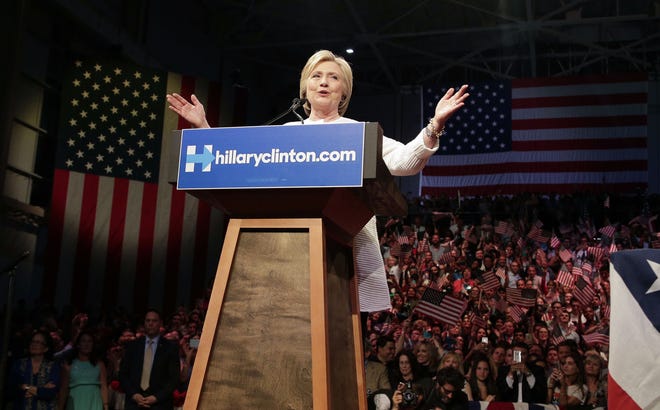 Democratic presidential candidate Hillary Clinton speaks during a presidential primary election night rally, Tuesday, June 7, 2016, in New York.