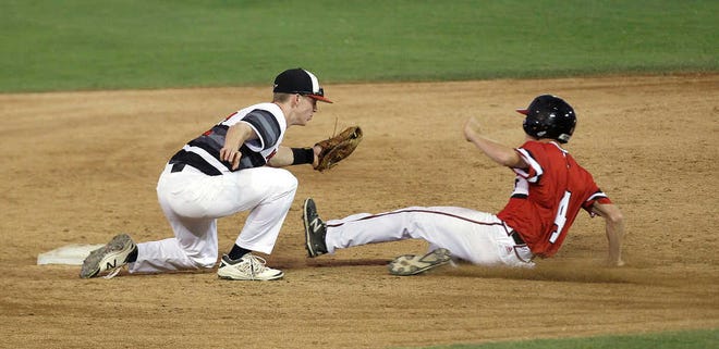 West's Cole Simmons steals second as Shallowater's Connor Smith misses the catch.