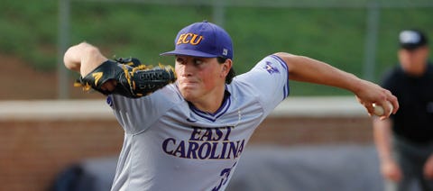 East Carolina starting pitcher Evan Kruczynski throws during an NCAA regional baseball game in Charlottesville, Va. Friday. Kruczynski is preparing to start the first game of the Pirates' super regional game against Texas Tech on Friday.