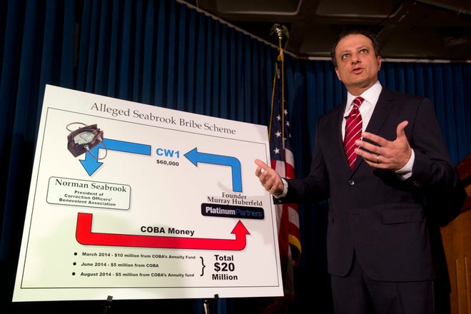 U.S. Attorney Preet Bharara speaks to reporters during a news conference, Wednesday, June 8, 2016, in New York. Norman Seabrook, president of the New York City Correction Officers' Benevolent Association, and hedge fund founder Murray Huberfeld, were arrested by FBI agents on conspiracy and fraud charges Wednesday morning, officials said.