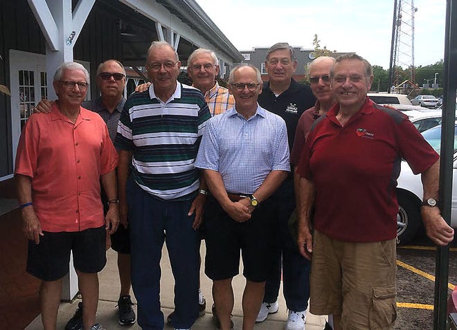 Several members of Richwoods' standout 1962 football team came together Thursday for a day with their coach, Bob Baietto. Left to right: Bill Sudow, Steve Moreland, Coach Baietto, Bo Batchelder, Greg Fulford, Bennett Katz, Bob Steiner and Howard Seaver.
