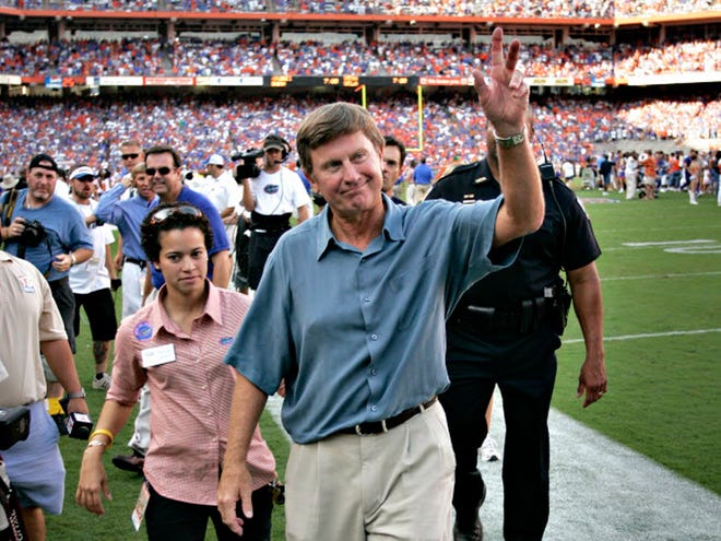 Steve Spurrier walks off Florida Field after the 1996 team was recognized before the University of Florida v Southern Mississippi game at Ben Hill Griffin Stadium on Sept. 2, 2006.