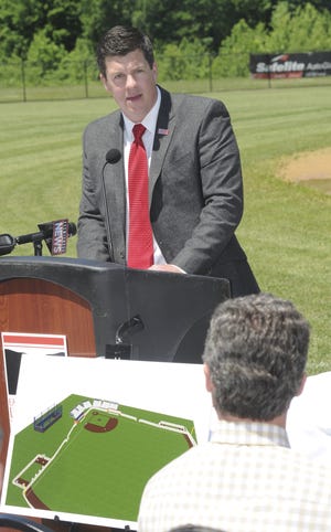 Josh Looney, athletics director for East Stroudsburg University explains the plans for the new softball and baseball field facilities to be incorporated at Creekview Park in Stroud Township on Thursday, June 9, 2016. The fields which are used by Stroudsburg Little League will be outfitted with turf surfaces and stadium seating to serve as the home fields for ESU while still being available for the little league teams. (Keith R. Stevenson/Pocono Record)
