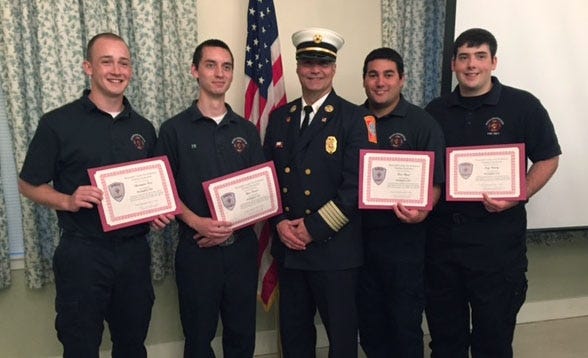 New MFD call firefighters are, from left, Christopher Reed Jr., Ryan Forant, Evan Chand, and Cody Pittsley, seen here with MFD Chief Lance Benjamino. Submitted