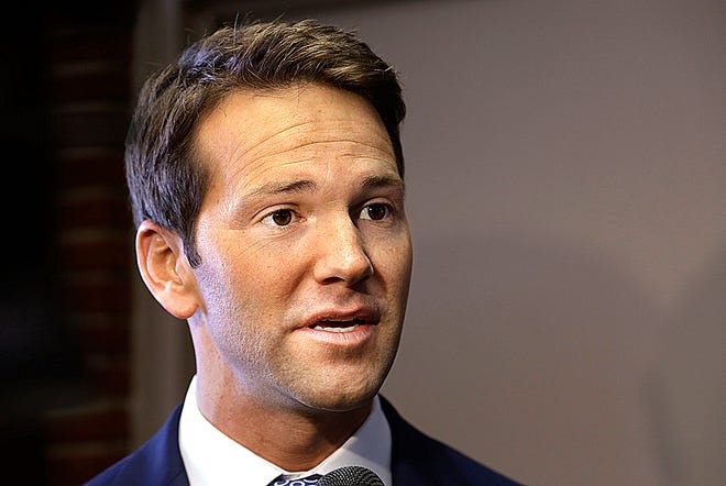 In this Feb. 6, 2015, file photo, former U.S. Rep. Aaron Schock speaks to members of the media in Peoria. Schock appeared on the U.S. House floor on Wednesday for the first time since resigning from Congress in March 2015, attending Indian Prime Minister Narendra Modi's address to a joint session of Congress.