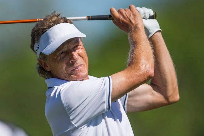 Bernhard Langer tees off on the 16th hole during the final round of the Senior PGA Championship golf tournament at Harbor Shores Golf Club in Benton Harbor, Mich., Sunday, May 29, 2016. Bernhard Langer tied for third with a score of 13 under. (AP Photo/Robert Franklin)