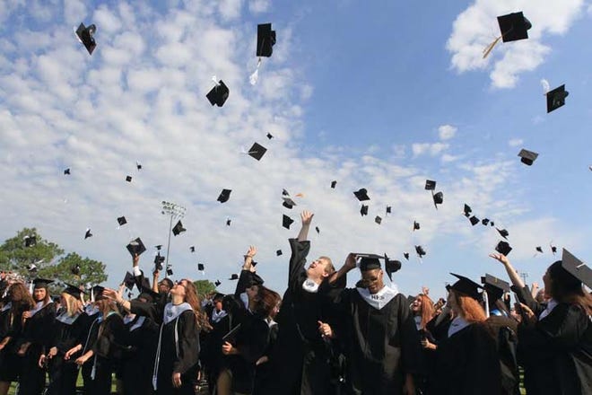 Graduates toss their caps high in the sky after the commencement exercises at Havelock High School on Saturday morning.