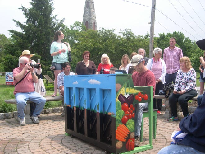 Musician Alec Phillips entertains Saturday after the piano at the fountain which fronts on West Main Street was unveiled. Since the Goshen Farmers Market is held there, artist Mitchell Saler decorated the piano with pictures of produce. Richard J. Bayne/Times Herald-Record