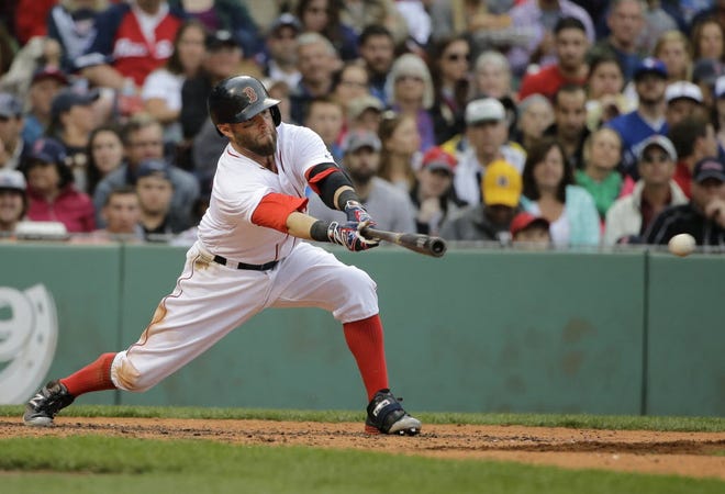 All four of Dustin Pedroia's hits over the weekend were hit hard to right field.