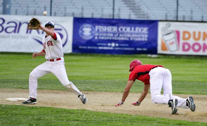 Plymouth Pilgrim Michael DeRenzi gets ready to slide to second as Bay Sox Ted Shaw is ready for the throw during New Bedford's home opener on Sunday night. DAVID W. OLIVEIRA/STANDARD-TIMES SPECIAL/SCMG