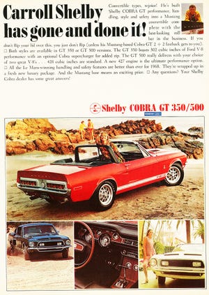 Advertisement for the 1968 Shelby GT350/500 Convertible, one of the collector car hobby’s most in-demand vehicles. The GT500 convertible is currently valued at $203,000 by NADA Classic Car guides, some $30K more than the GT500 fastback. (Advertisement compliments Ford Motor Company)