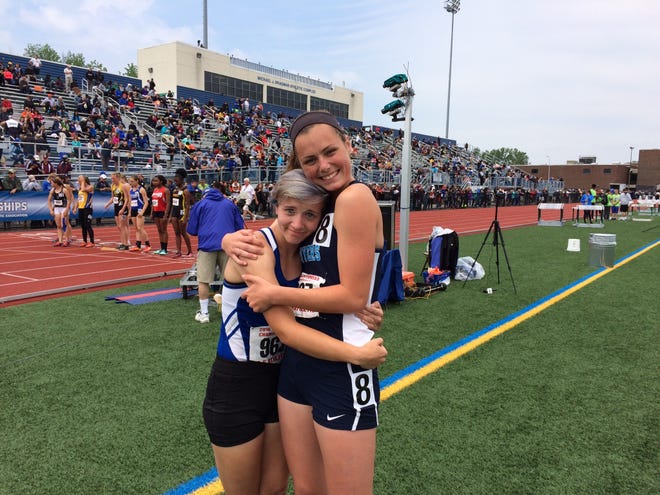 Rondout Valley's Adelai Spiegler, left, and Saugerties' Kellyann Averill formed a close bond through track, and were there to support each other in their final high school meet over the weekend at states. KEN MCMILLAN/TIMES HERALD-RECORD