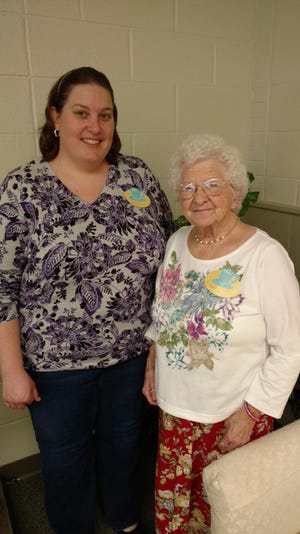 The Daniel and Krisann Stenz family was recognized as the 2016 recipient of the Tuscarawas County Homemaker Family of the Year Award, and Lois Paulson was recognized as the 2016 Tuscarawas County Homemaker of the Year at the recently 80th Homemaker Spring Luncheon. Pictured are Krisann Stenz, left, and Paulson. PHOTO PROVIDED