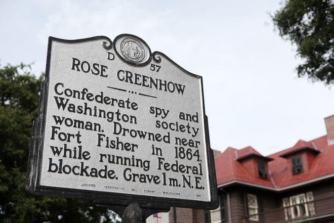 Confederate spy and Washington society woman, Rose O'Neale Greenhow (Wild Rose), drowned near Fort Fisher in 1864 while running a Federal blockade. Confederate President Jefferson Davis had sent her to Great Britain and France in 1863 to raise support for the Confederacy. It was during her return trip a year later aboard the blockade runner Condor, with dispatches for the Confederacy and $2000 in coins, that she drowned. She was buried with full military honors in Oakdale Cemetery.