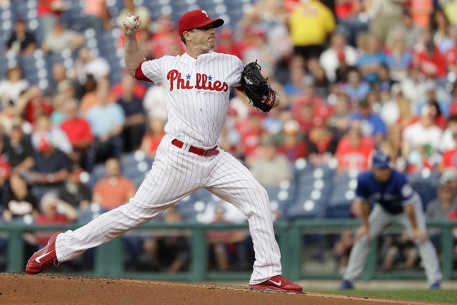The Phillies' Jeremy Hellickson pitches during the first inning of a baseball game against the Toronto Blue Jays on Wednesday, June 15, 2016, in Philadelphia.