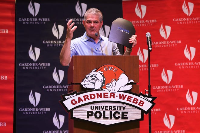 Mark Houser / Gardner-Webb University

Frank Stewart describes the body armor during a presentation to Gardner-Webb University Police on June 10.