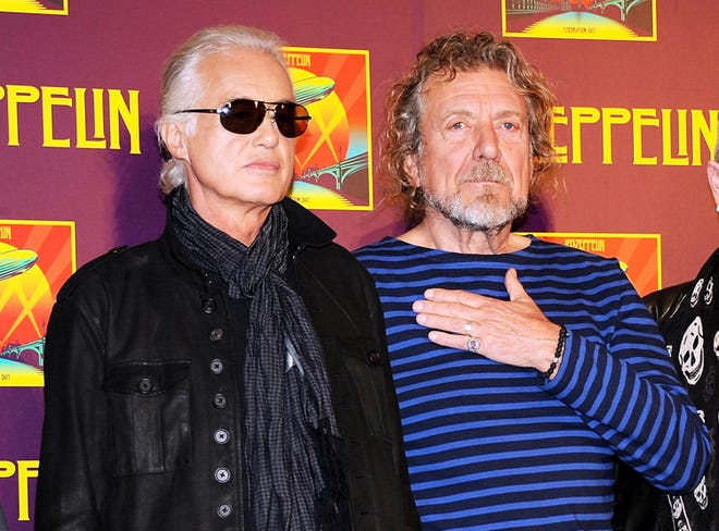 In this Oct. 9, 2012 file photo, Led Zeppelin guitarist Jimmy Page, left, and singer Robert Plant appear at a press conference ahead of the worldwide theatrical release of "Celebration Day," a concert film of their 2007 London O2 arena reunion show, in New York. Generations of aspiring guitarists have tried to copy the riff from Led Zeppelin's â€œStairway to Heaven.â€ Starting Tuesday, June 14, 2016, a Los Angeles court will try to decide whether the members of Led Zeppelin themselves ripped off that riff. Page and Plant are named as defendants in the lawsuit brought by the trustee of late guitarist Randy Wolfe from the band Spirit.