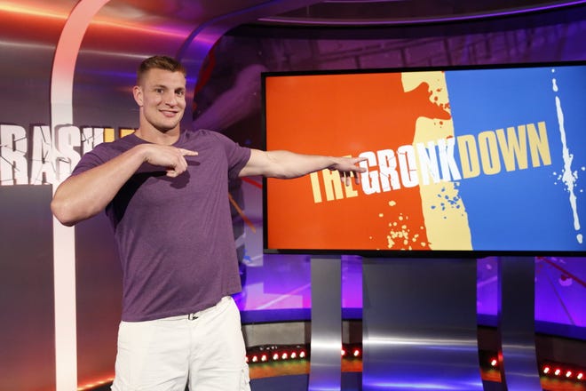 In this March, 2016 photo provided by Nickelodeon, Rob Gronkowski hosts "Crashletes," a show that will debut July 5 on Nickelodeon. The New England Patriots tight end will be the face of the show introducing popular viral videos of sports bloopers.