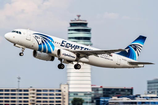 This Aug. 21, 2015, file photo shows an EgyptAir Airbus A320 with the registration SU-GCC taking off from Vienna International Airport, Austria.