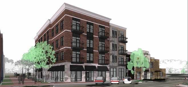 Architectural renderings for a new mixed-use building proposed at 44 W. 8th St. in downtown Holland by Geenan DeKock Properties next to The Sentinel building. The building, with first-floor retail and upstairs residential, would be built where a city parking lot currently sits. Contributed.