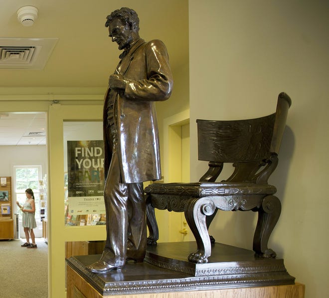 A small bronze replica of Augustus Saint-Gaudens' "Standing Lincoln" is on display at the visitors center at the Saint-Gaudenns National Historic Park in Cornish, New Hampshire.

AP Photo/Jim Cole