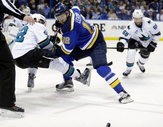 St. Louis Blues center Jori Lehtera (12) battle for the puck against San Jose Sharks right wing Joel Ward (42) during the second period in Game 5 of the NHL hockey Stanley Cup Western Conference finals, Monday, May 23, 2016, in St. Louis.