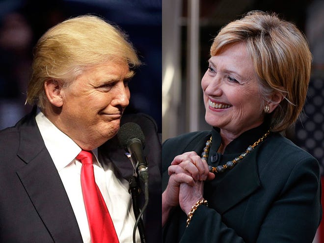 Presumptive Republican presidential candidate Donald Trump, left, os trailing behind presumptive Democratic candidate Hillary Clinton, right, in a new Florida poll. AP