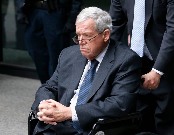 FILE - In this April 27, 2016, file photo, former U.S. House Speaker Dennis Hastert departs the federal courthouse in Chicago. Hastert's attorney says that he will report to a federal prison in southeastern Minnesota this week to begin serving a 15-month sentence in his hush-money case. Washington, D.C.,-based attorney Thomas Green confirmed Monday, June 20, 2016, in an email that the Illinois Republican will report to the Rochester Federal Medical Center. (AP Photo/Charles Rex Arbogast, File)