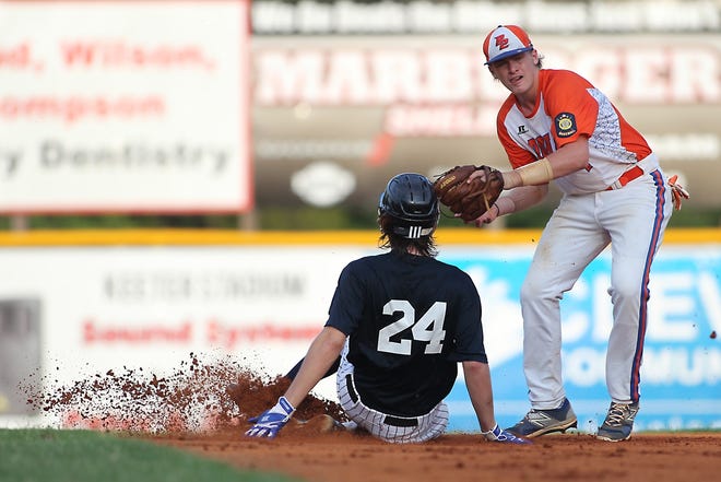 Shelby's Dalton Putnam tags David Todd out at second on Wednesday night at Keeter Stadium. (Hannah Covington/ The Star)