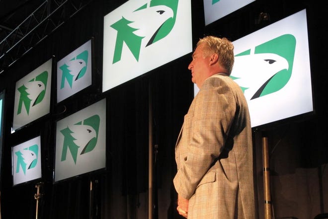 UND head football coach Bubba Schweigert gave a passionate speech at the Fighting Hawks logo unveiling ceremony Wednesday, saying his team will embrace the new logo.