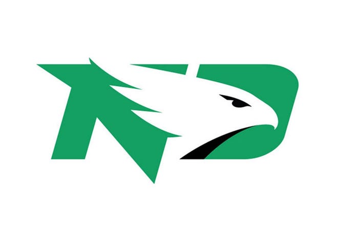 This graphic released by the University of North Dakota shows the school's new Fighting Hawks logo unveiled Wednesday, June 22, 2016, in Grand Forks, N.D. The school retired its controversial Fighting Sioux nickname nearly four years ago after the NCAA deemed it to be hostile and abusive.