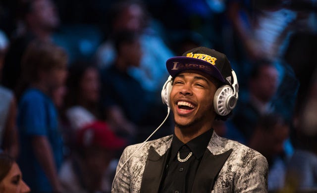 Brandon Ingram laughs while appearing on camerea just after exiting the stage as the number two overall pick in the NBA Draft by the Los Angeles Lakers.