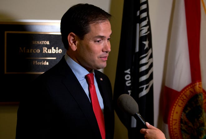 Sen. Marco Rubio, R-Fla. speaks to media outside his office on Capitol Hill in Washington, Wednesday, June 22, 2016. Former Republican presidential candidate Marco Rubio announced he will run for re-election to the Senate from Florida, reversing his retirement plans under pressure from GOP leaders determined to hang onto his seat and Senate control.