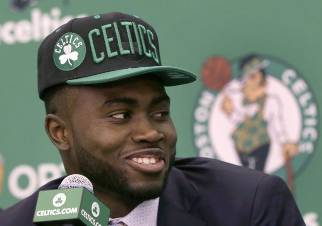 Jaylen Brown, the third pick in the NBA Draft, smiles during his introductory news conference with the Celtics on Friday in Waltham.