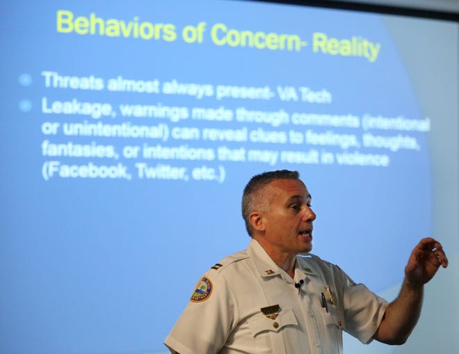 Daytona Beach Police Capt. Lance Blanchette explains how to spot potential threats before they happen during an active shooter class Saturday in Daytona Beach. News-Journal/NIGEL COOK