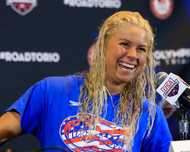 Olympic swimmer Elizabeth Beisel answers a reporters question during a news conference at the U.S. Olympic team trials in Omaha, Neb., Friday, June 24, 2016. (AP Photo/Orlin Wagner)