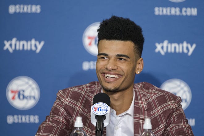 Sixers draft pick Timothe Luwawu smiles during a news conference in Philadelphia on Friday, June 24, 2016.