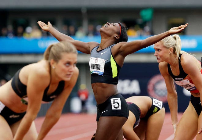 Alysia Montano reacts after winning the women's 800-meter final at the 2012 U.S. Olympic Track and Field Trials in Eugene, Ore.