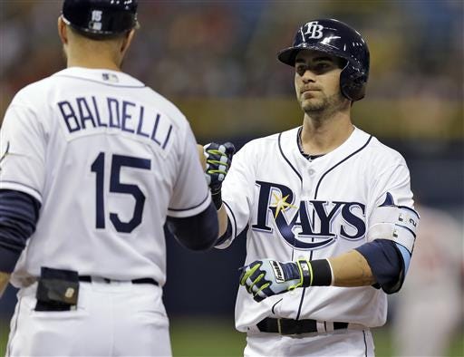 Tampa Bay Rays' Nick Franklin, right, high-fives first base coach Rocco Baldelli after his RBI-single off Boston Red Sox starting pitcher Eduardo Rodriguez scored Oswaldo Arcia during the third inning of a baseball game Monday, June 27, 2016, in St. Petersburg, Fla. (AP Photo/Chris O'Meara)
