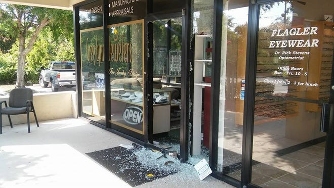 The front door of Greg Lynn Jewelers was shattered sometime before dawn Tuesday during a burglary at the Palm Coast shop. NEWS-JOURNAL/MATT BRUCE