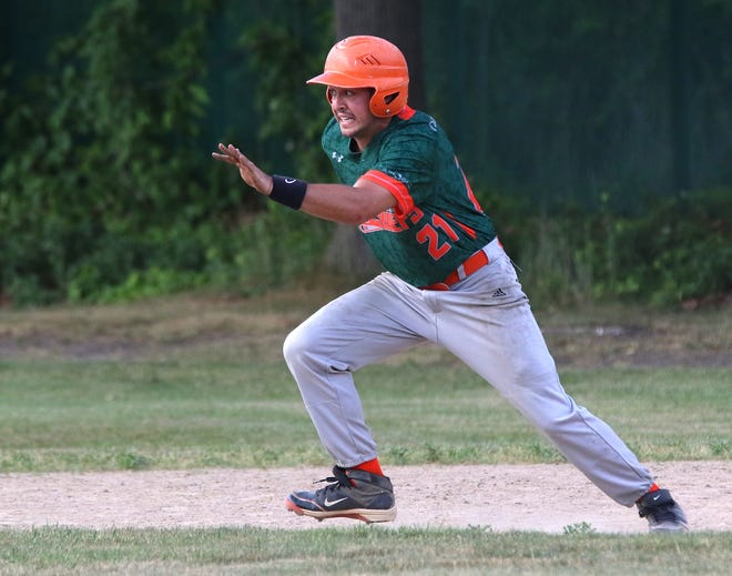Ipswich Chiefs player Louis Galanis charges off of first on his way to an uncontested steal of second base during the Chiefs' June 27 matchup with the Rowley Rams, an 8-0 loss. Wicked Local Staff Photo / Kirk R. Williamson
