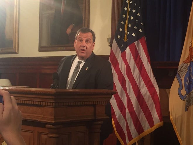 Gov. Chris Christie discusses legislation to renew the state Transportation Trust Fund at a Statehouse news conference in Trenton on Wednesday. The plan he endorsed would raise the state gas tax but reduce the sales tax.
