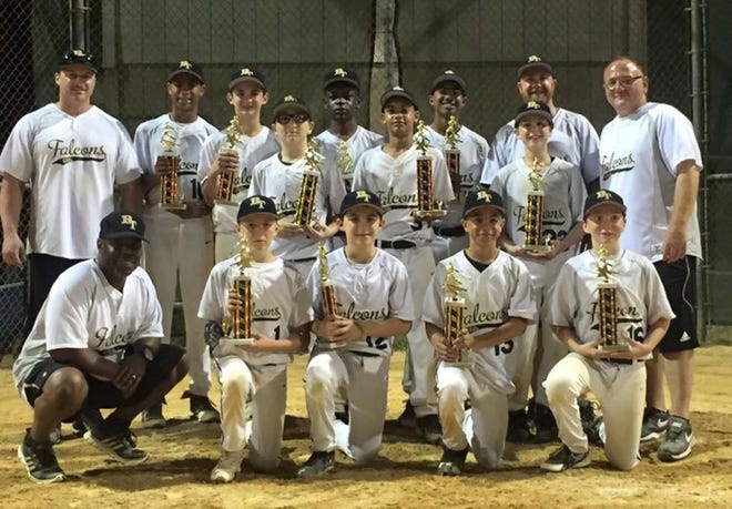 The Burlington Township Falcons 12U baseball team won the Falcon Frenzy A Tournament. The Falcons finished 5-0 and earned the title with a 6-4 win over Taney Little League of Philadelphia. Team members are (front, from left) coach Ron Reid, Sean Rullo, Nick Cibrian, Trey Reid, Dylan DeBaecke, (back) coach Wade Miller, Jordan Dotson, Gage Miller, Brett Angelillo, Bryson Bright, Max Martin, Rashan Addison, Liam Ayrer, and coaches Doug Ayrer and Jim Angelillo.