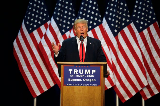 FILE - In this May 6, 2016 file photo, Republican presidential candidate Donald Trump speaks during a rally in Eugene, Ore. Public confidence in presumptive Republican presidential nominee Donald Trump is in the single digits in nearly half of the countries surveyed in a new poll that examines international attitudes toward the United States. (AP Photo/Ted S. Warren, File)